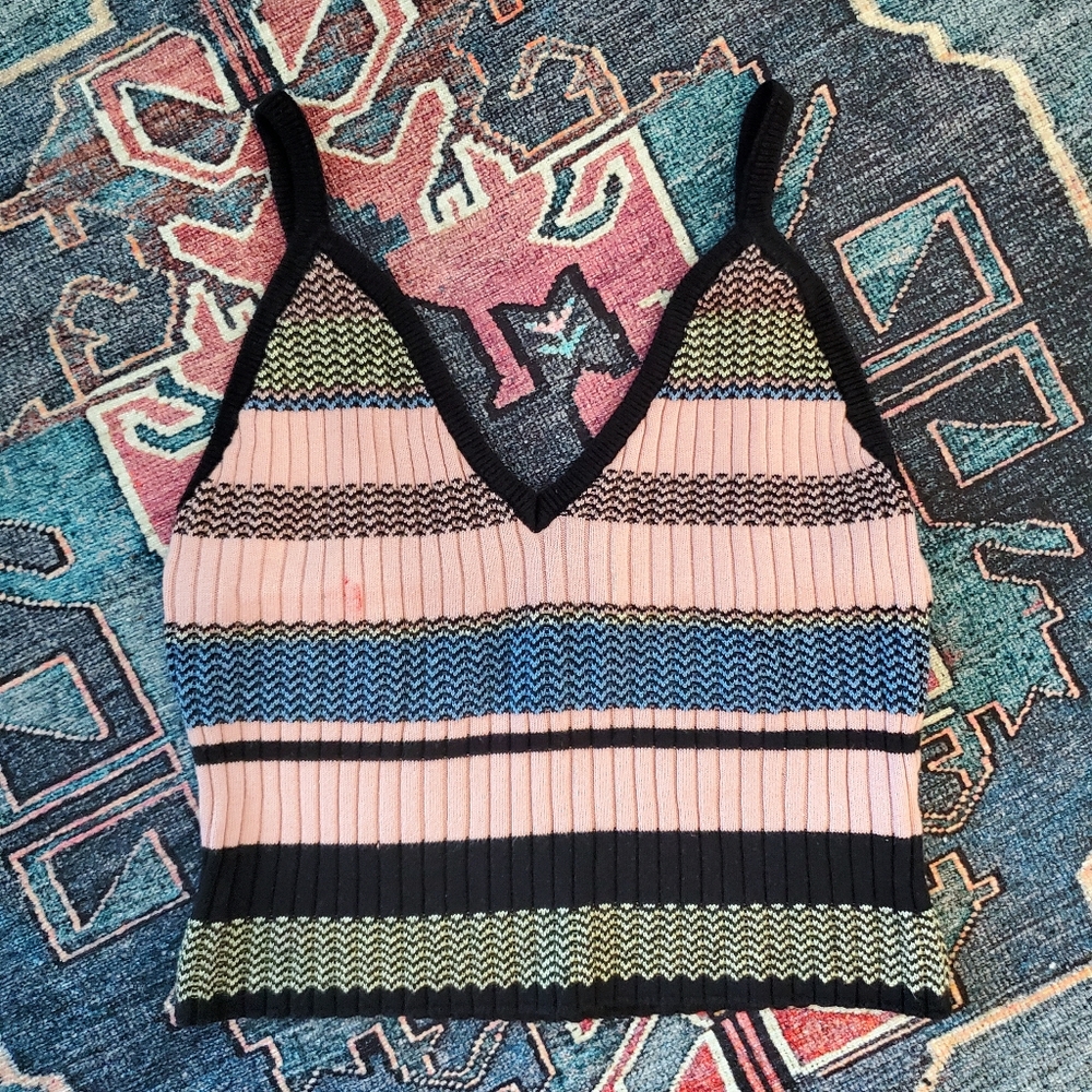 Pink & black striped strappy crop top, S